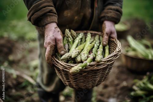 Farmer hands holding the harvest of fresh green asparagus close up, Generative ai
