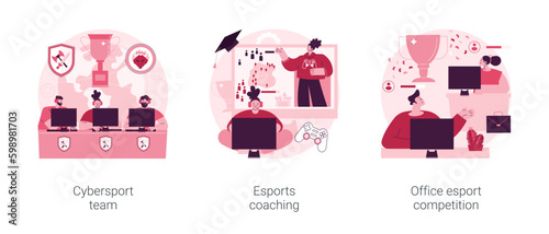 E-games tournament abstract concept vector illustration set. Cybersport team performance, esports coaching, office esport competition, computer club, battle arena, live streaming abstract metaphor.