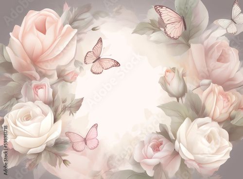 Beautiful floral design of gentle pink roses, white flower peony and with fluttering butterflies in delicate light pastel colors. generative ai. Floral frame for congratulations.