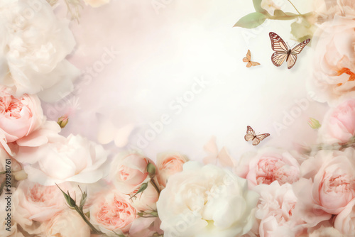 Beautiful floral design of gentle pink roses, white flower peony and with fluttering butterflies in delicate light pastel colors. generative ai. Floral frame for congratulations.