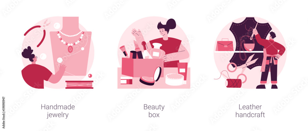 Handmade startup abstract concept vector illustration set. Handmade jewelry, beauty box, leather handcraft, online designer shop, artisan goods, subscription, beauty products abstract metaphor. Handmade startup abstract concept vector illustration set. Handmade jewelry, beauty box, leather handcraft, online designer shop, artisan goods, subscription, beauty products abstract metaphor.
