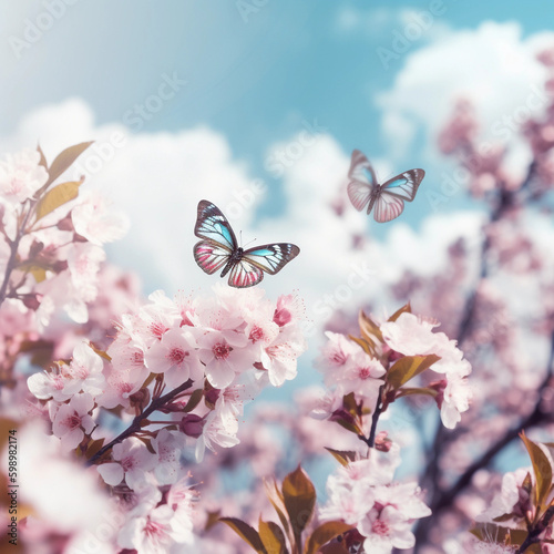 Branches blossoming cherry on background blue sky, fluttering butterflies in spring on nature outdoors. Pink sakura flowers, gamazing colorful dreamy romantic artistic image spring nature, copy space. © Zakaria