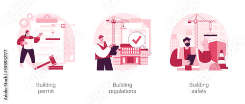 Construction business abstract concept vector illustration set. Building permit regulations and safety, contractor service, construction site, engineering project, application form abstract metaphor.