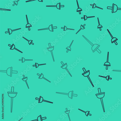 Black line Fencing icon isolated seamless pattern on green background. Sport equipment. Vector