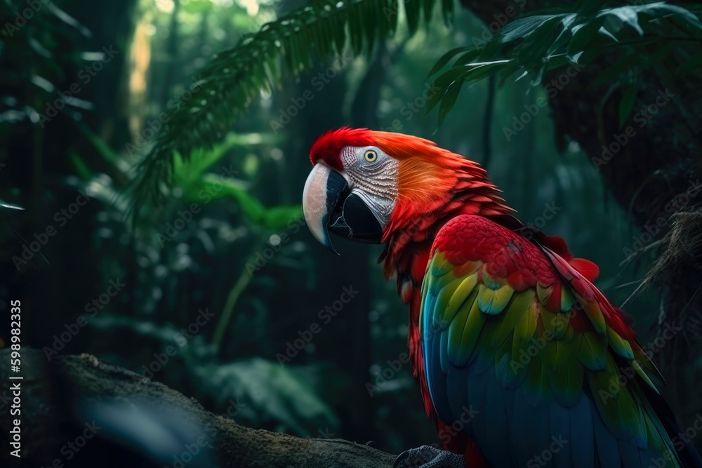 Generative AI illustration of multicolored parrot sitting on tree twig in thick forest with green tropical plants Generative AI illustration of multicolored parrot sitting on tree twig in thick forest with green tropical plants
