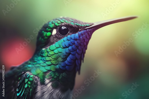 Generative AI illustration of adorable hummingbird with multicolored plumage and long tiny beak on blurred background photo