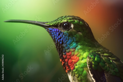 Generative AI illustration of adorable hummingbird with multicolored plumage and long tiny beak on blurred background photo