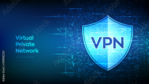 VPN. Virtual private network icon made with binary code. Data encryption, IP substitute. Secure VPN connection. Cyber security and privacy. Matrix background with digits 1.0. Vector Illustration.