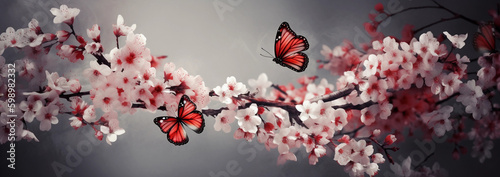 Branches blossoming cherry on background blue sky, fluttering butterflies in spring on nature outdoors. Pink sakura flowers, gamazing colorful dreamy romantic artistic image spring nature, copy space. photo