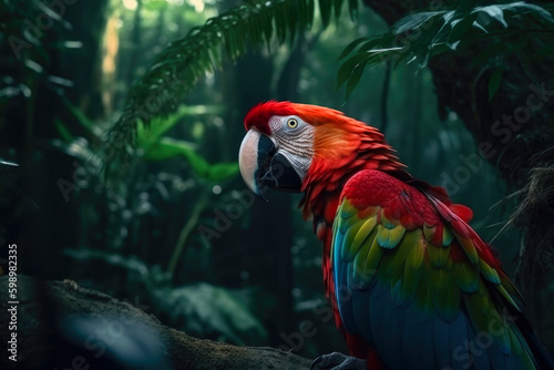 Generative AI illustration of multicolored parrot sitting on tree twig in thick forest with green tropical plants