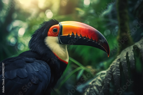 Generative AI illustration of toucan with colorful beak sitting in green rainforest photo