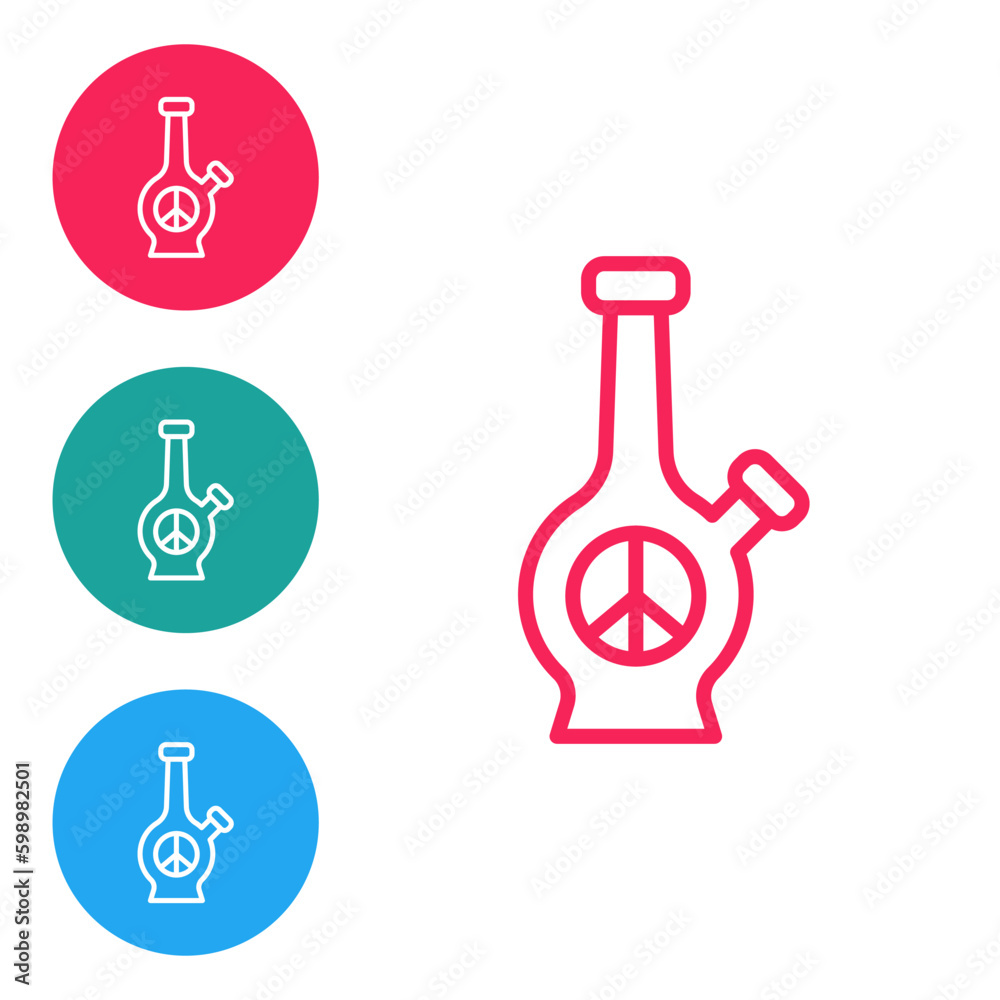 Red line Glass bong for smoking marijuana or cannabis icon isolated on white background. Set icons in circle buttons. Vector Red line Glass bong for smoking marijuana or cannabis icon isolated on white background. Set icons in circle buttons. Vector