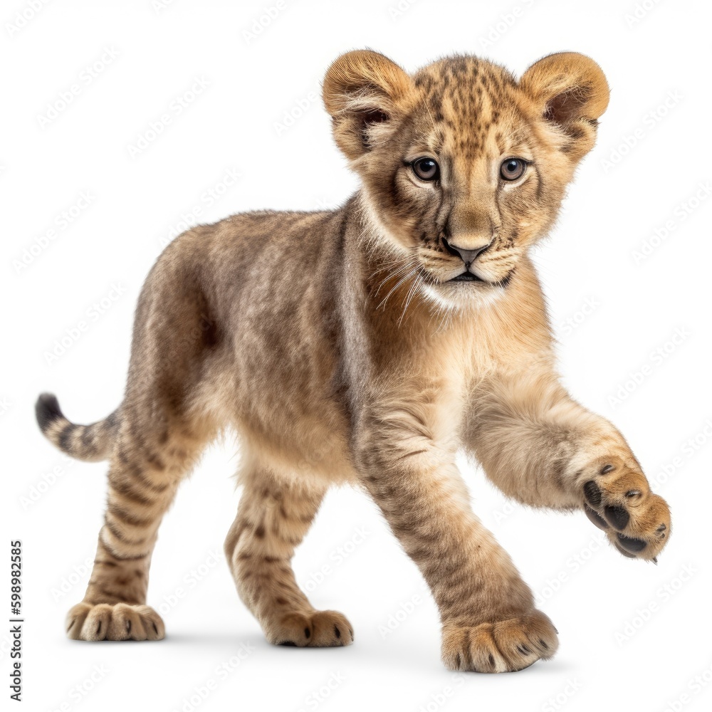 lion cub playing, on white background, generative ai