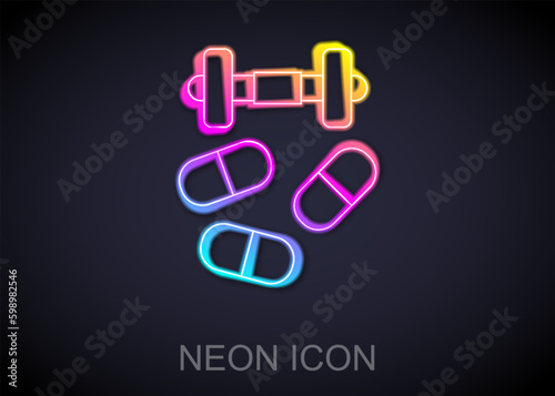 Glowing neon line Sports doping, anabolic drugs with dumbbell icon isolated on black background. Anabolic steroids tablet. Pills in jar. Vector