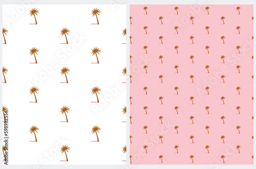 Minimalist Modern Palm Trees Seamless Vector Pattern. Simple Tropical Forest Design for Textile, Wrapping Paper. Jungle Print with Hand Drawn Palms on a White and Pastel Pink Background.
