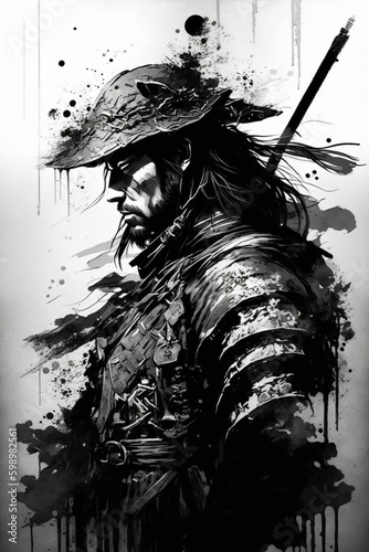 Portrait eines Samurai - Tusche-Zeichnung - KI-genieriert