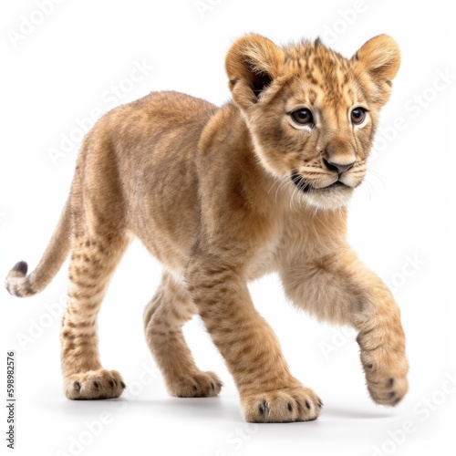 lion cub playing, on white background, generative ai