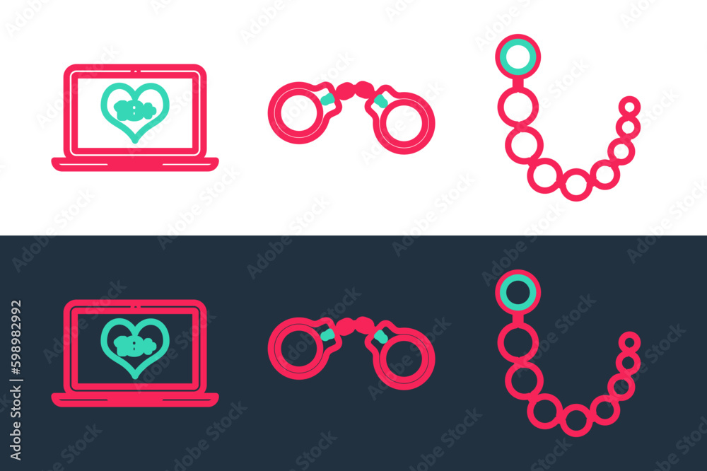 Set line Anal beads, Laptop with 18 plus content and Handcuffs icon. Vector Set line Anal beads, Laptop with 18 plus content and Handcuffs icon. Vector