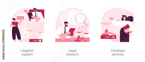 Legal outsourcing abstract concept vector illustration set. Litigation support, legal research, paralegal services, attorney assistant, forensic accounting, law firm, affidavit abstract metaphor.