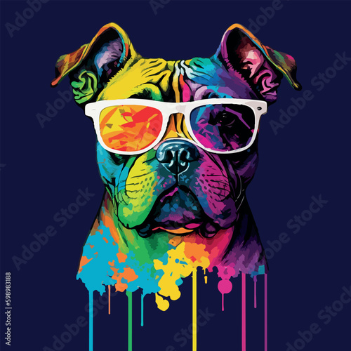 Colorful cute bulldog with sunglass pop art vector illustration with isolated background