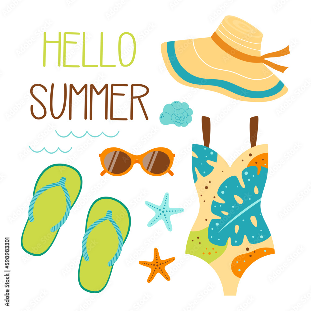 Naklejka premium hello summer card with beach elements, flat style