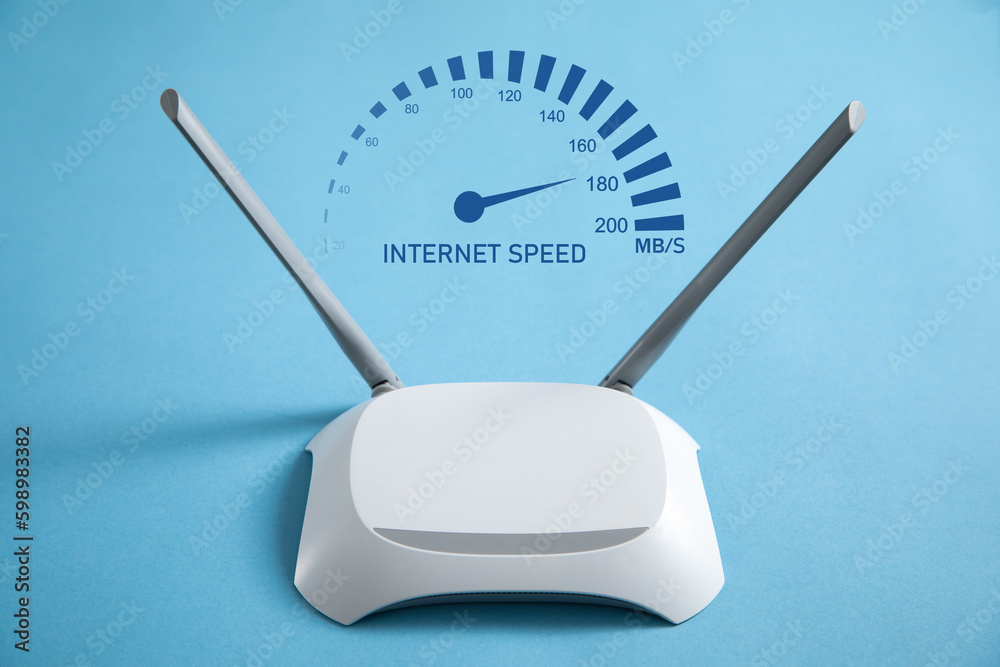 Modern wifi router with a speedometer. Internet speed Stock Photo ...