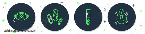 Set line Peanut, Test tube and flask, Reddish eye allergic conjunctivitis and Parasite mite icon. Vector