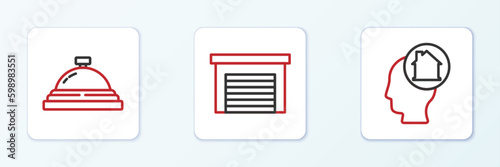 Set line Man dreaming about buying house, Hotel service bell and Garage icon. Vector