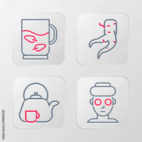 Set line Facial cosmetic mask, Teapot with cup, Ginger root and Cup of tea and leaf icon. Vector