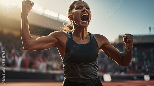 Generative AI illustration of strong woman in sportswear screaming while celebrating victory with raised arms during competition photo