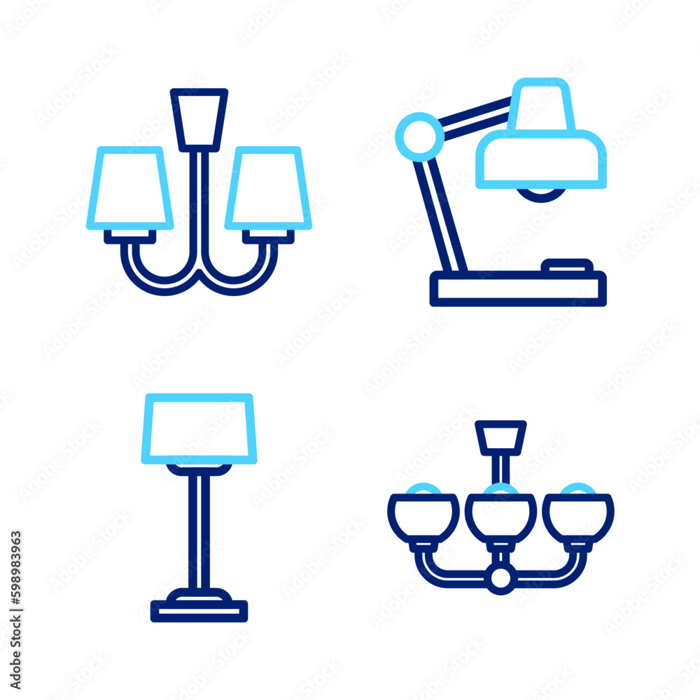 Set line Chandelier, Floor lamp, Table and icon. Vector Set line Chandelier, Floor lamp, Table and icon. Vector
