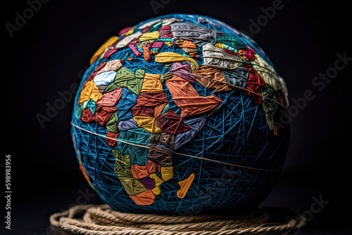 Generative AI illustration of globe formed from colorful recycled items placed on black background emphasizing global impact of recycling in combating climate change photo