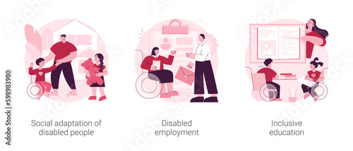 Social environment abstract concept vector illustration set. Social adaptation of disabled people, employment and inclusive education, children with special needs, disability job abstract metaphor.