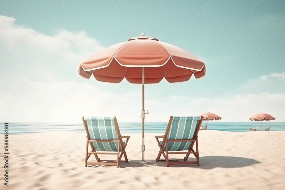 Beach umbrella with chairs on the sand. summer vacation concept. 3d rendering, generative ai,