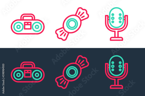 Set line Microphone, Home stereo with two speakers and Candy icon. Vector
