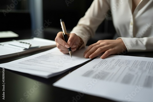 Office employee working with documents close-up view. Businesswomen signing a document or application. Generative AI