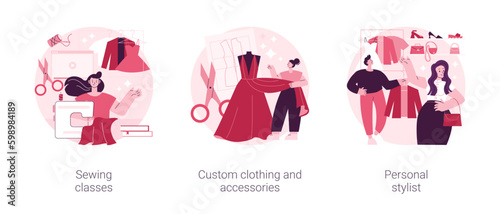 Fashion style abstract concept vector illustration set. Sewing classes, custom clothing and accessories, personal stylist, design studio, hand craft, fashion collection, hobby abstract metaphor.
