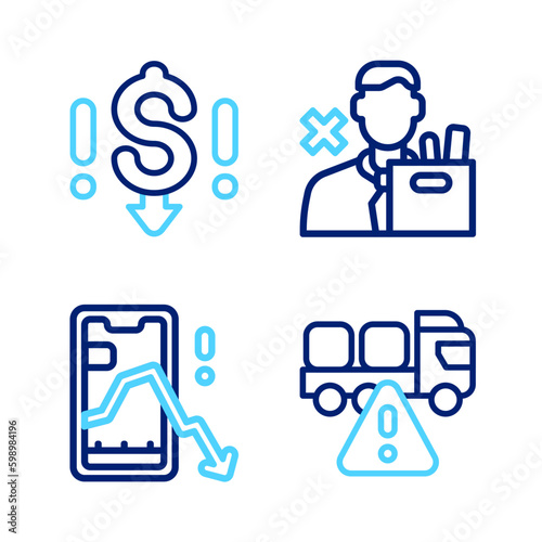 Set line Stop delivery cargo truck, Mobile stock trading, Employee dismissal and Dollar rate decrease icon. Vector