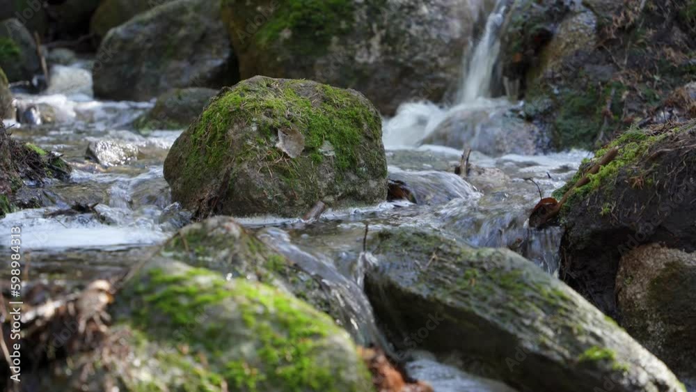 Small forest river in spring with rocks and moss. Small forest river in spring with rocks and moss.