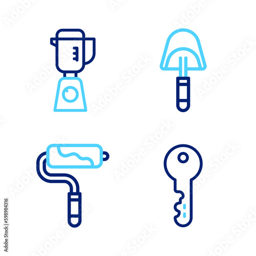 Set line House key, Paint roller brush, Spatula and Blender icon. Vector