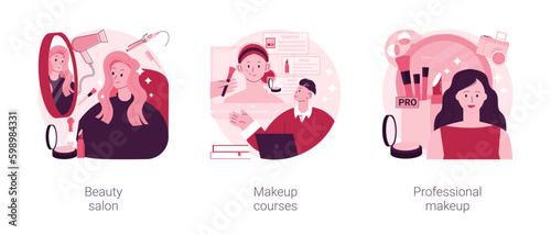 Beauty services abstract concept vector illustration set. Beauty salon, makeup course, professional cosmetics masterclass, nail studio, hair stylist, online workshop, skin treatment abstract metaphor.
