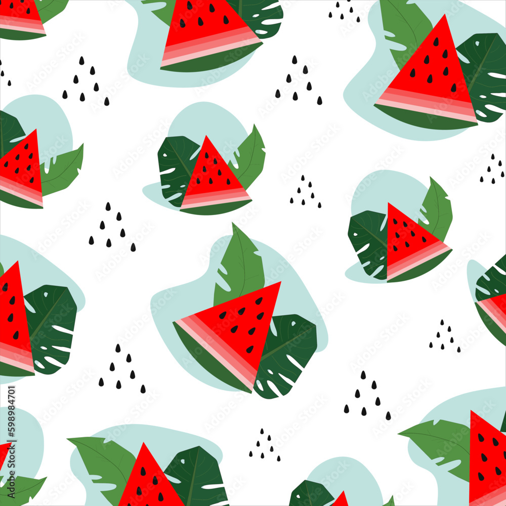 Watermelon pattern. Juicy summer fruit, tropical leaves, vibrant colors. Vector simple design. Watermelon pattern. Juicy summer fruit, tropical leaves, vibrant colors. Vector simple design.