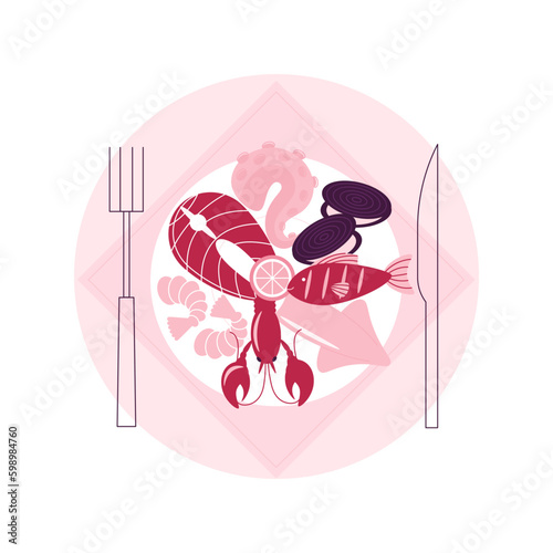 Seafood menu abstract concept vector illustration. Seafood nutrition diet, marine products shop, fish house, food delivery, in-house kitchen, pescatarian diet, protein source abstract metaphor.