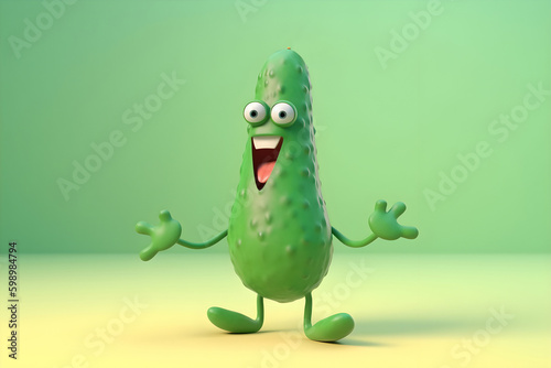 Cheerful cartoon cucumber character with cute smile. Happy funny food personage. Healthy food concept. Generative AI.