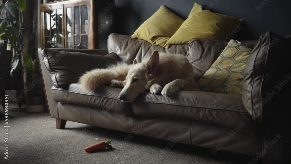 German Shepherd close-up. Obedient dog lying on sofa in living room, looking in camera and posing. Happy domestic animal concept, best friends, puppy relaxing at home German Shepherd close-up. Obedient dog lying on sofa in living room, looking in camera and posing. Happy domestic animal concept, best friends, puppy relaxing at home