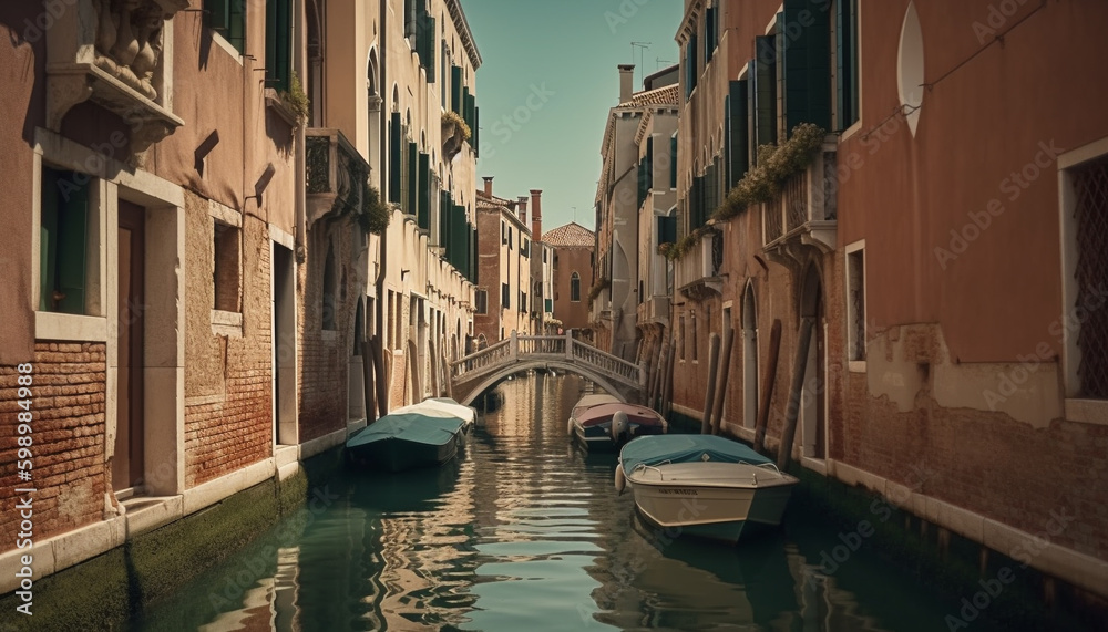 Venetian gondolier navigates narrow canal at dusk generated by AI