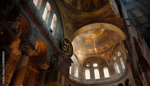 Ornate basilica with stained glass and frescoes generated by AI