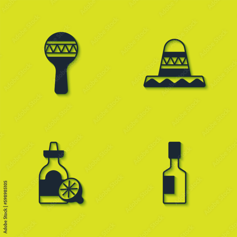 Set Maracas, Tabasco sauce, Tequila bottle with lemon and Mexican sombrero icon. Vector