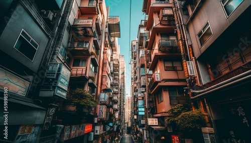 Illuminated skyscrapers light up crowded city streets generated by AI