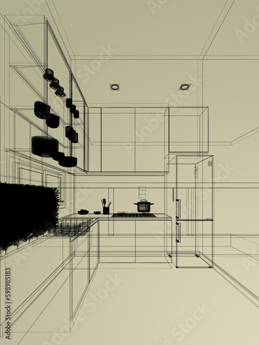 abstract sketch design of kitchen room  3d rendering